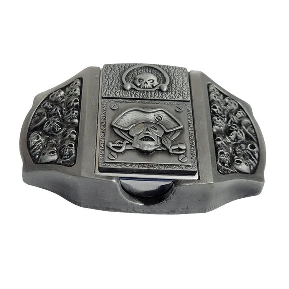 Antique Silver Finish Metal Pirate Skulls Lighter Belt Buckle - - Picture 3 of 10